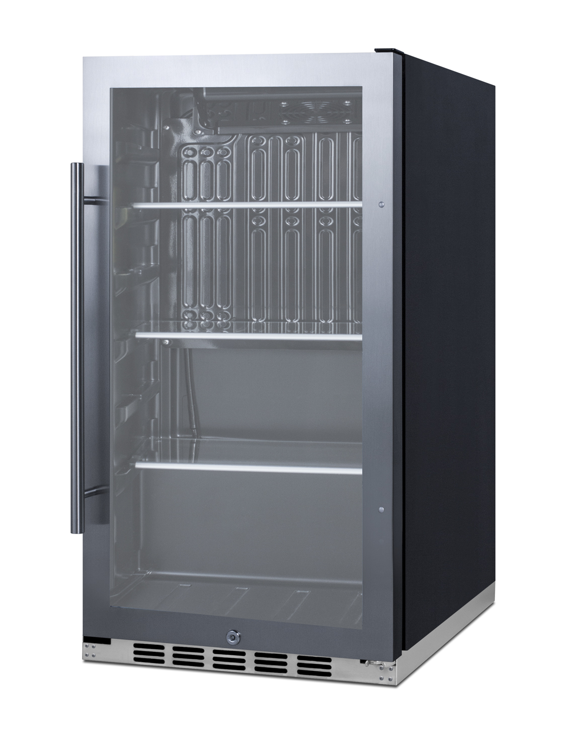 Commercially approved indoor/outdoor beverage cooler for built-in or freestanding use with a shallow 17.75